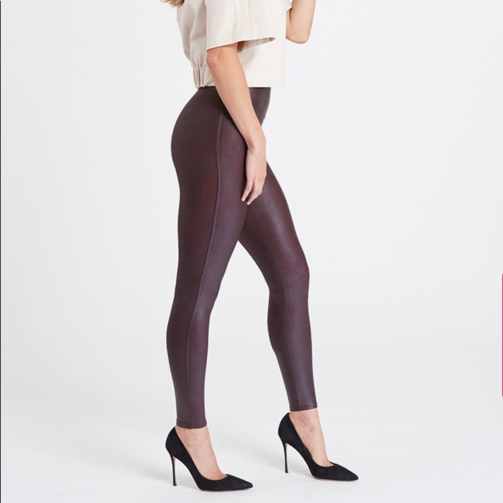 2 pair Spanx faux leather leggings, wine & black
